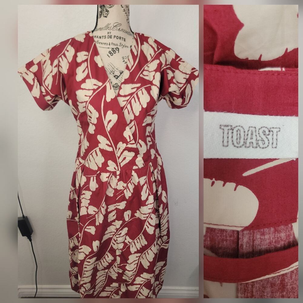 TOAST Poplin Midi Shirt Dress Sz 6 Pockets 100% Cotton Faux Wrap V Neck Printed